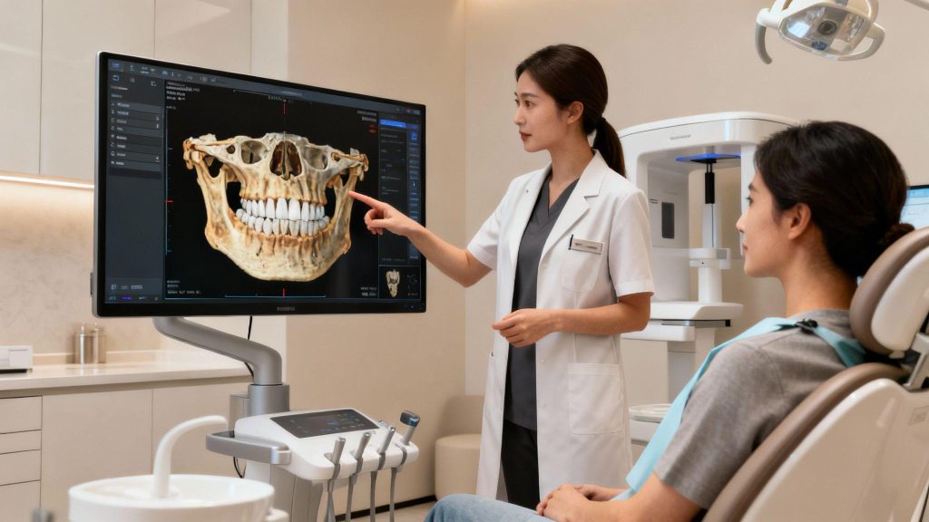 Análise de tomografia para avaliar o osso antes do implante dentário.
Legenda: deixar em branco.