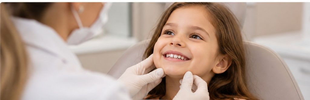 Criança sorrindo durante exame odontológico para avaliação do desenvolvimento dos dentes e da mordida.