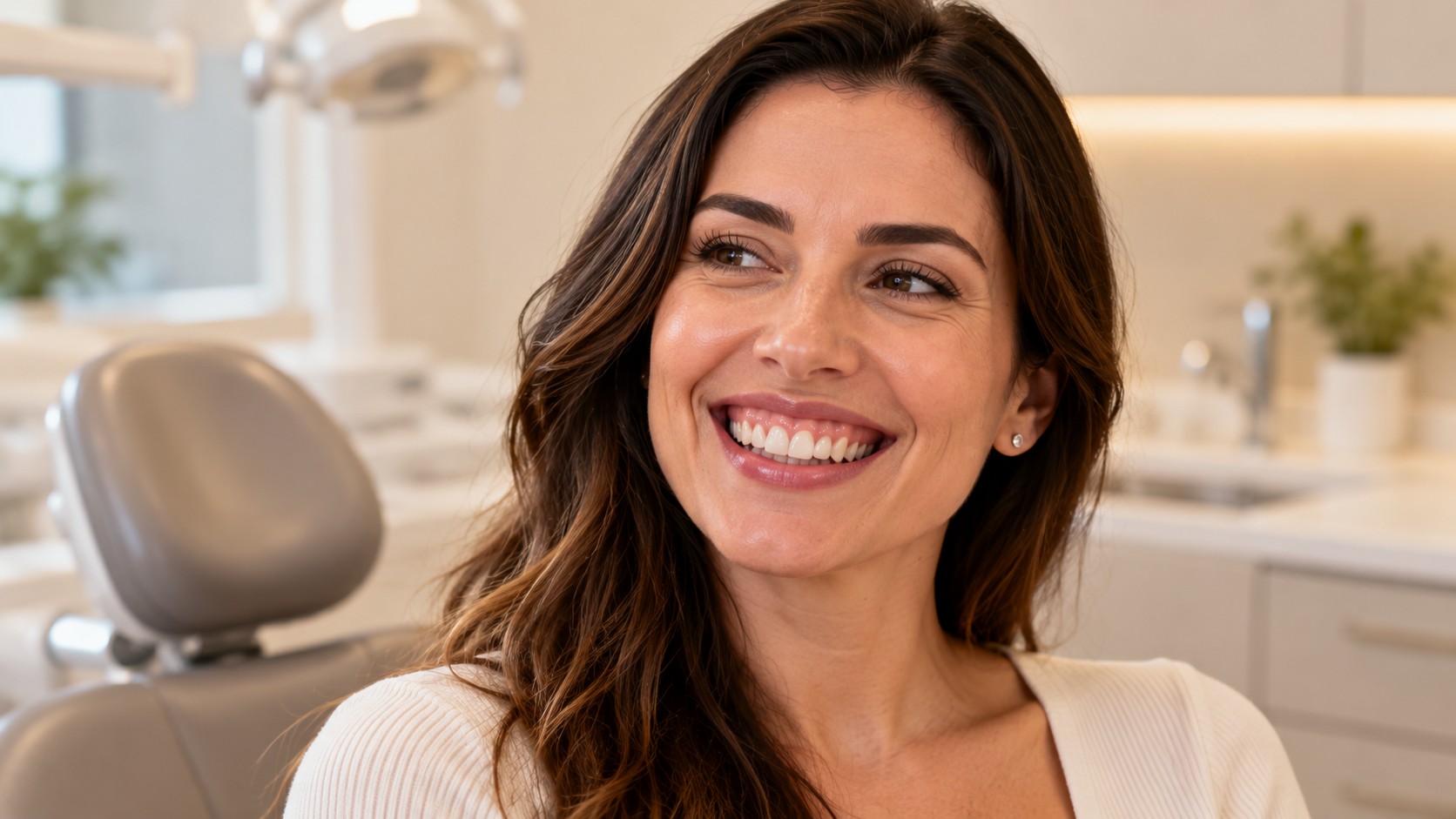 Mulher adulta sorrindo em consultório odontológico, ilustrando artigo sobre botox para sorriso gengival.