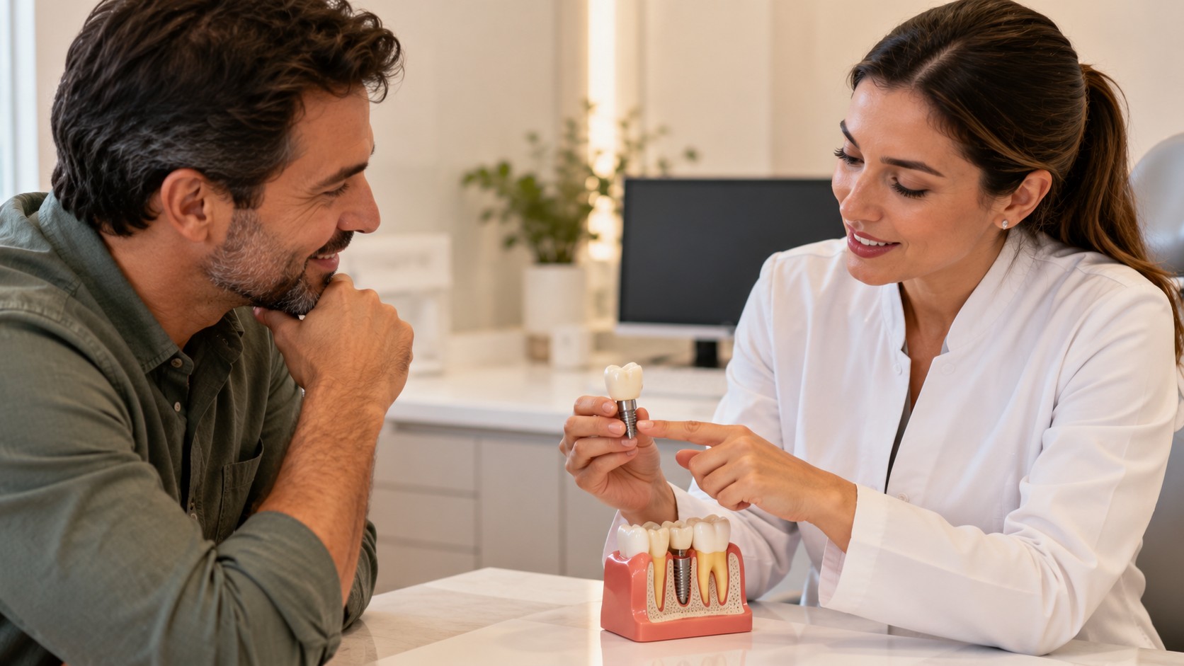 Dentista explicando a um paciente as possibilidades de reabilitação oral com implante dentário.