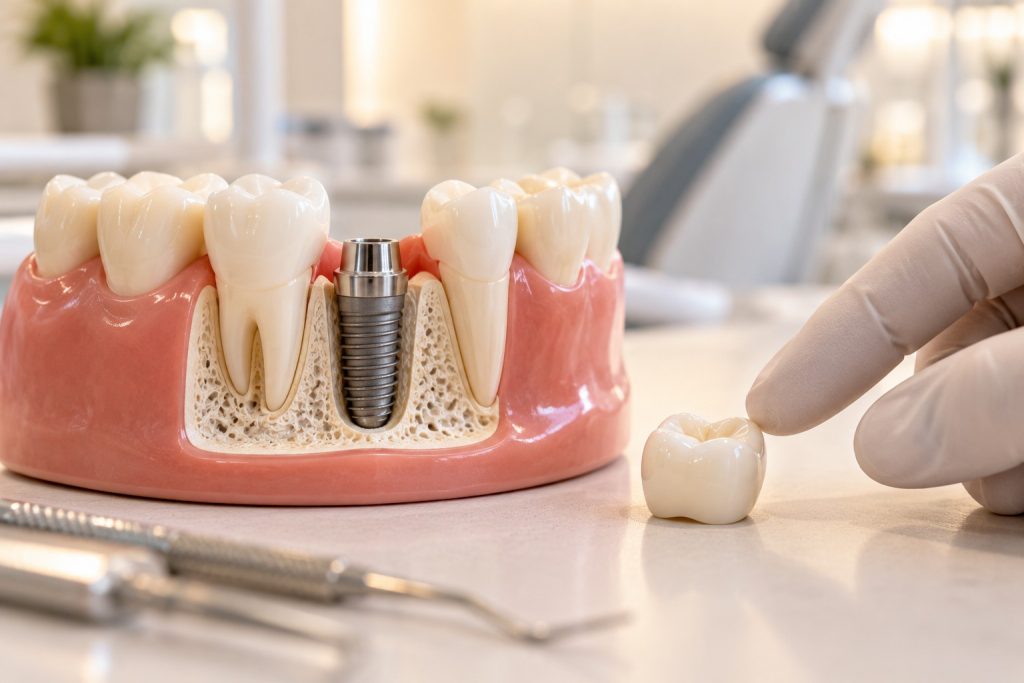 Modelo odontológico mostrando implante instalado no osso e coroa protética separada.